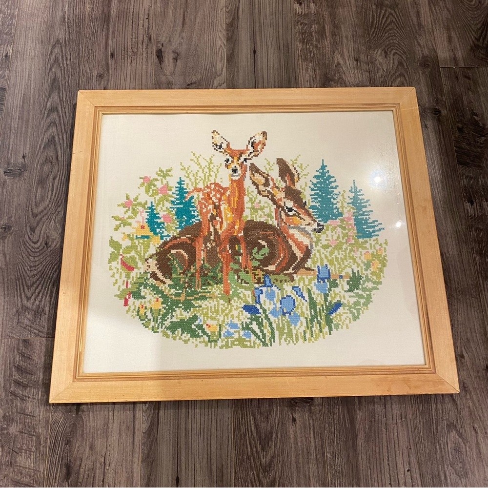 Vintage doe and fawn in the‎ meadow crewel cross stitch art very large